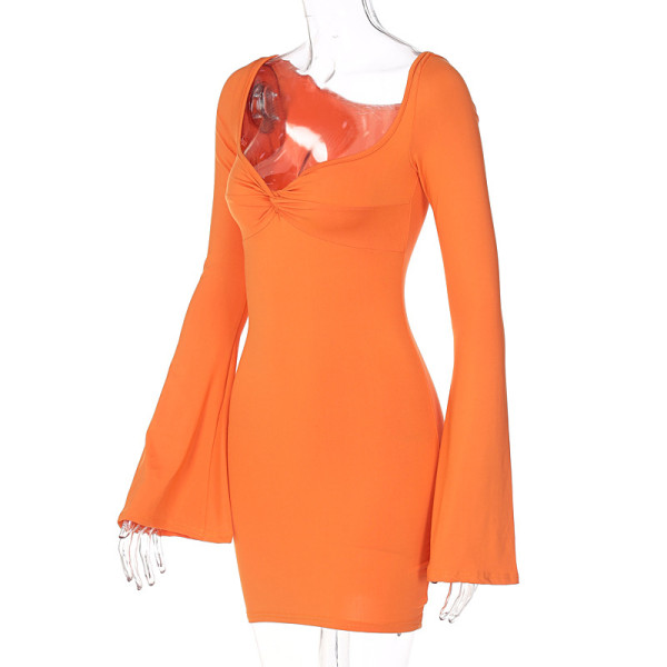 Solid Color Square Neck Flare Sleeve Slim Fit Sexy Hip Dress