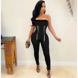 Women's Fashion Sexy Tube Top Waist Eyelet Metal Chain Waist Jumpsuit