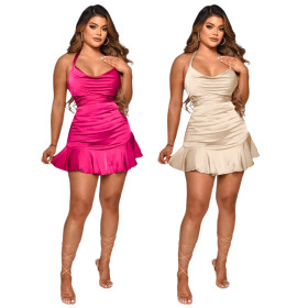 Nightclub Dress Ruffled Tie Pleated Backless Zip Dress