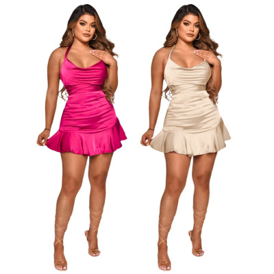 Nightclub Dress Ruffled Tie Pleated Backless Zip Dress