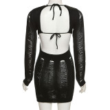 Sexy Hollow Open Back Knit High Waist Bag Hip Slim Fit Slim Dress