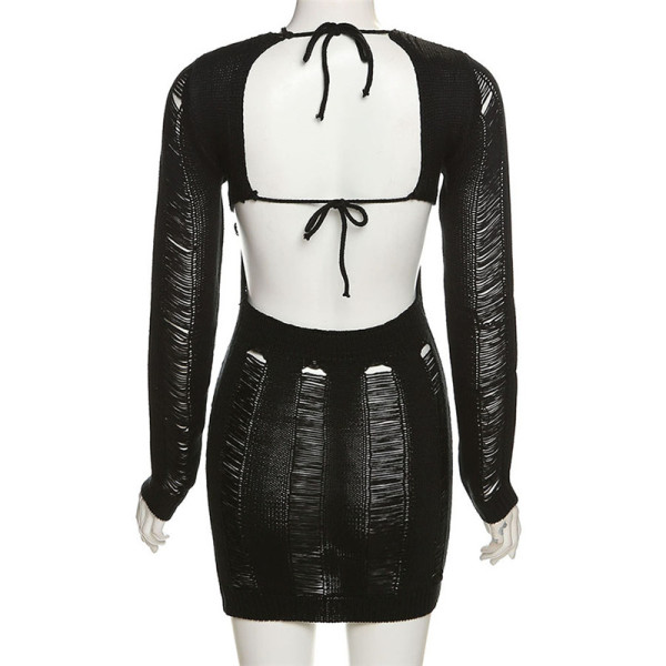 Sexy Hollow Open Back Knit High Waist Bag Hip Slim Fit Slim Dress