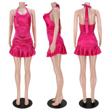 Nightclub Dress Ruffled Tie Pleated Backless Zip Dress