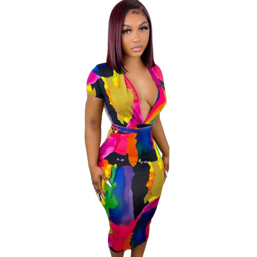 Fashion Women's Cotton Irregular Tie-Dye Deep V Short Sleeve Midi Dress Sexy Pack Hip Dress