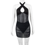 women's cross halter neck mesh see-through stitching tunic dress