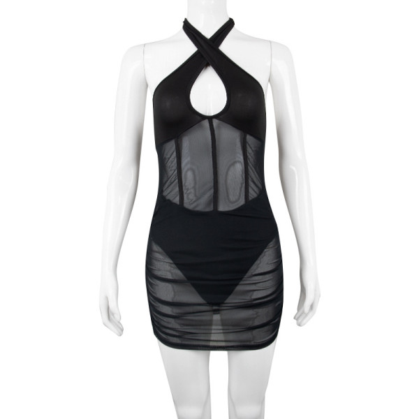 women's cross halter neck mesh see-through stitching tunic dress