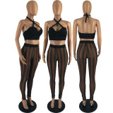 Fashion Sexy Mesh Print Halter Top Two Piece Set
