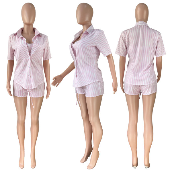 Striped shirt suspenders shorts slim fit three-piece with adjustable chest pad