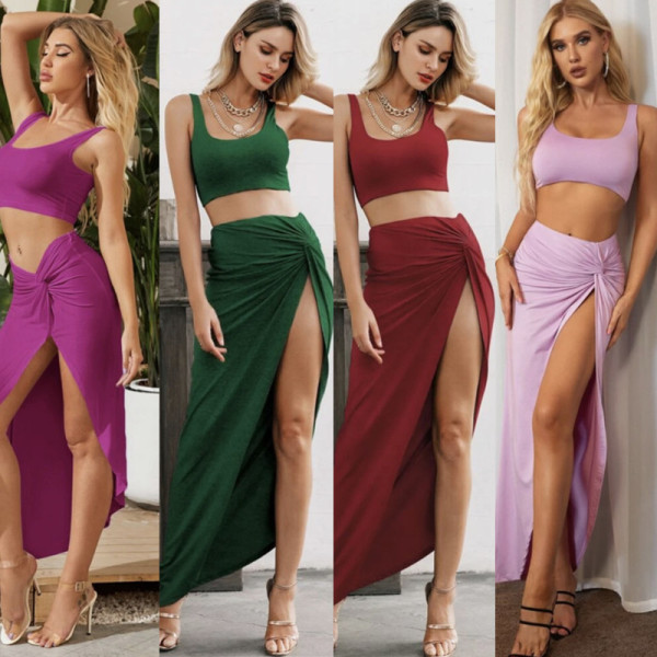 Sling tube top mid-length solid color high slit two-piece women's suit