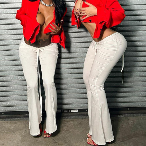 Front and back drawstring low waist sexy wide leg flared pants women