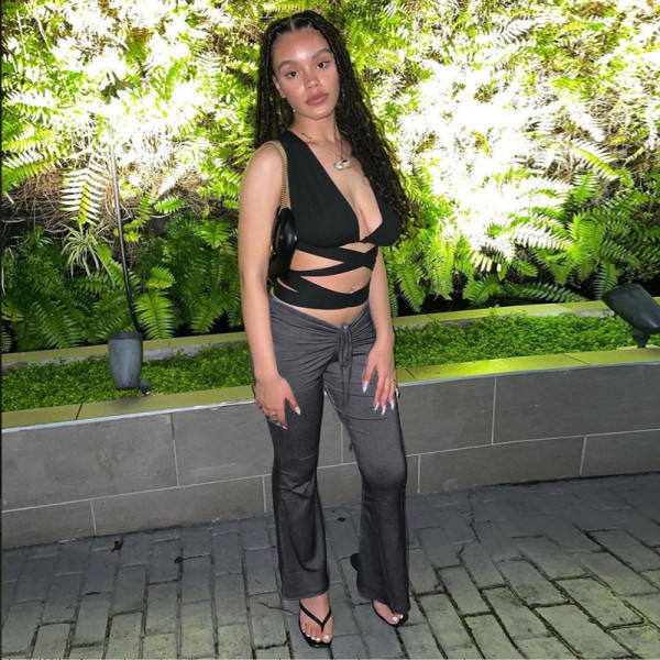 Front and back drawstring low waist sexy wide leg flared pants women