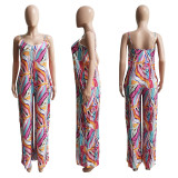Trendy Stripe Print Wide Leg Sling Jumpsuit