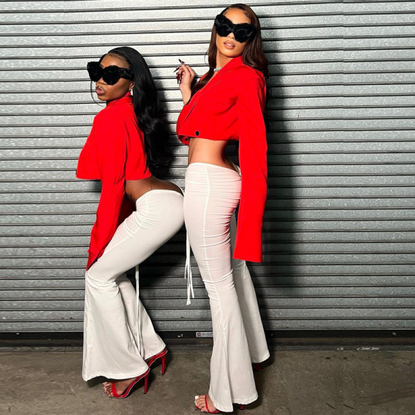 Front and back drawstring low waist sexy wide leg flared pants women