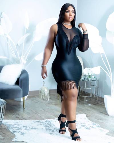 Fashionable one-sleeve mesh fringed dress