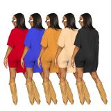 Split short-sleeved shorts temperament commuter solid color two-piece set