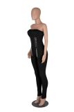 Women's Fashion Sexy Tube Top Waist Eyelet Metal Chain Waist Jumpsuit