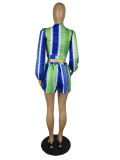 Casual Long Sleeve V-Neck Tie Print Shirt Shorts Set