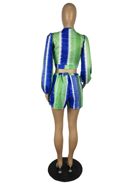 Casual Long Sleeve V-Neck Tie Print Shirt Shorts Set