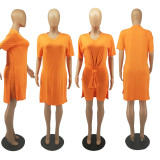 Split short-sleeved shorts temperament commuter solid color two-piece set