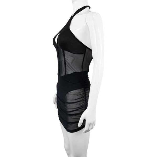 women's cross halter neck mesh see-through stitching tunic dress