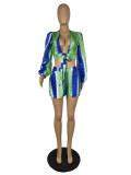 Casual Long Sleeve V-Neck Tie Print Shirt Shorts Set