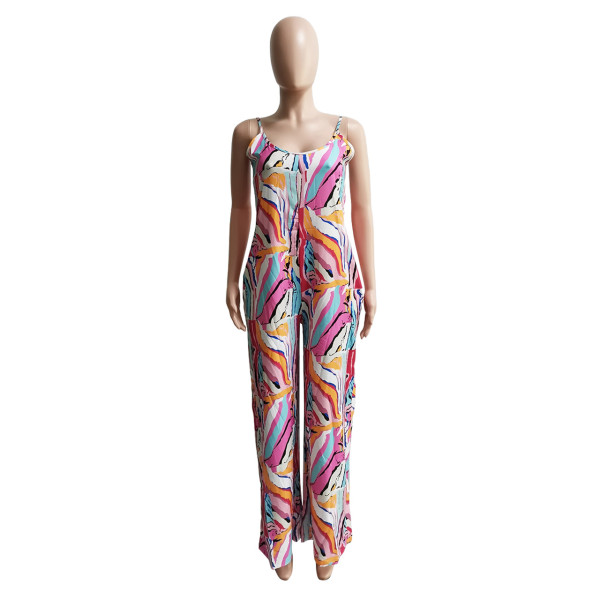 Trendy Stripe Print Wide Leg Sling Jumpsuit
