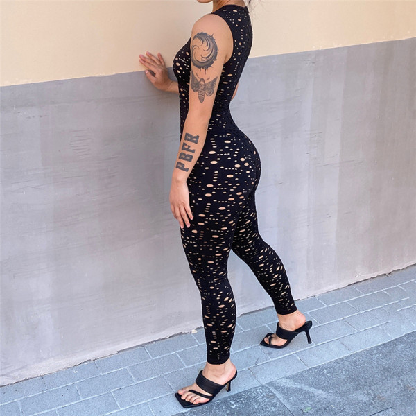 Women's Sexy Cutout Sleeveless Ripped Casual Sports Jumpsuit