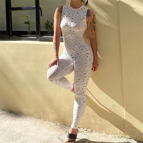 Women's Sexy Cutout Sleeveless Ripped Casual Sports Jumpsuit