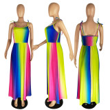 Sexy Fashion Colorful Stripes Adjustable Round Neck Design Strap Sling Dress