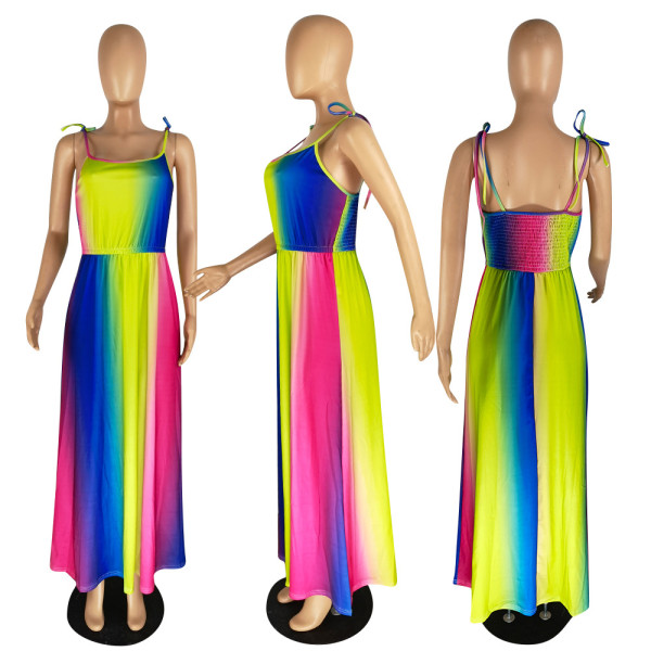 Sexy Fashion Colorful Stripes Adjustable Round Neck Design Strap Sling Dress