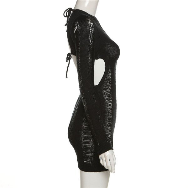 Sexy Hollow Open Back Knit High Waist Bag Hip Slim Fit Slim Dress