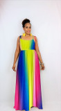 Sexy Fashion Colorful Stripes Adjustable Round Neck Design Strap Sling Dress