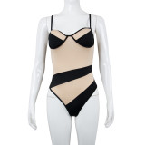 Sleeveless tight-fitting backless high-stretch nightclub sexy contrast color stitching suspender jumpsuit