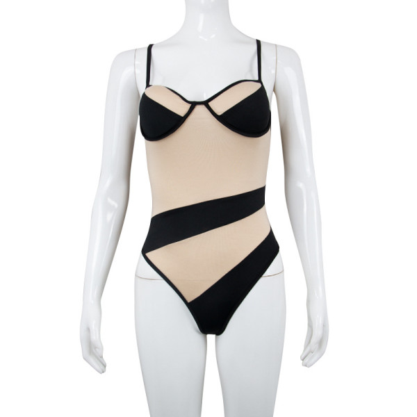 Sleeveless tight-fitting backless high-stretch nightclub sexy contrast color stitching suspender jumpsuit