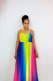 Sexy Fashion Colorful Stripes Adjustable Round Neck Design Strap Sling Dress