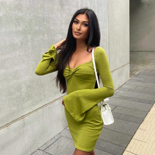 Solid Color Square Neck Flare Sleeve Slim Fit Sexy Hip Dress