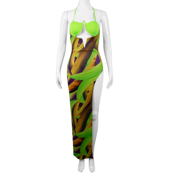 Halter Dress Sexy Contrast Print Iron V Star Cutout Midi Dress