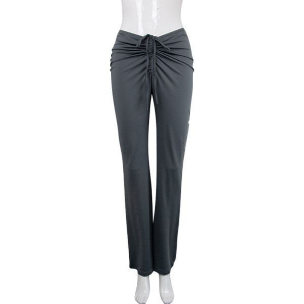 Front and back drawstring low waist sexy wide leg flared pants women