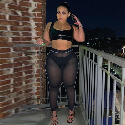 Sexy Sleeveless Faux Leather Camisole Spliced Mesh Trousers Suit Women