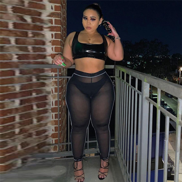 Sexy Sleeveless Faux Leather Camisole Spliced Mesh Trousers Suit Women