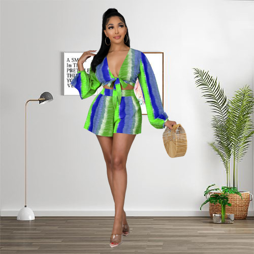 Casual Long Sleeve V-Neck Tie Print Shirt Shorts Set