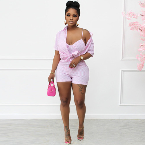 Striped shirt suspenders shorts slim fit three-piece with adjustable chest pad