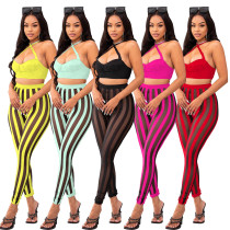 Fashion Sexy Mesh Print Halter Top Two Piece Set Fashion Sexy Mesh Print Halter Top Two Piece Set