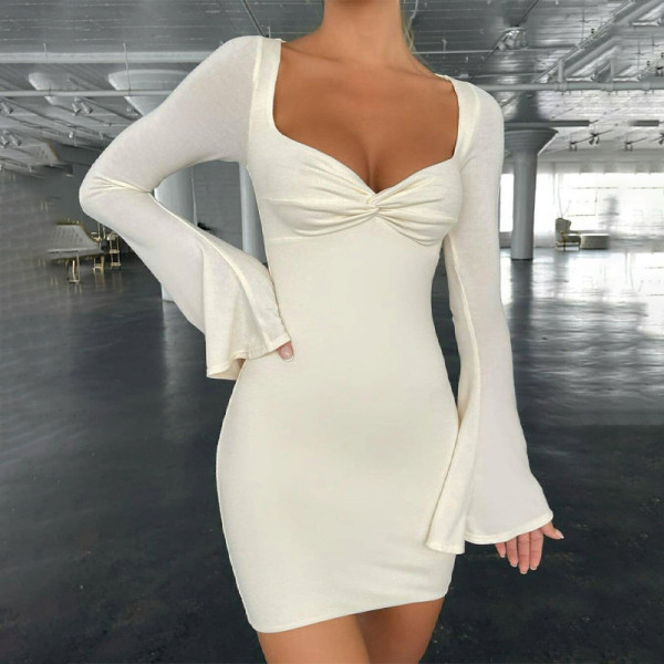 Solid Color Square Neck Flare Sleeve Slim Fit Sexy Hip Dress