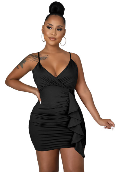 Sexy ruffled V-neck topless suspender bag hip nightclub dress