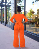 Women's Autumn and Winter Fashion Solid Color Puff Sleeve Front Hollow Tie Two-piece Set