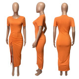 Thread Gathered Slit Midi Dress