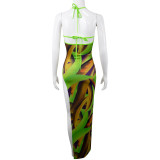 Halter Dress Sexy Contrast Print Iron V Star Cutout Midi Dress