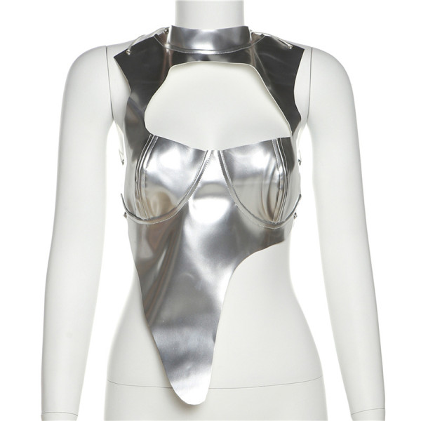 Women's Faux Leather Slim Fit Cutout Halter Strap Cropped Tank Top