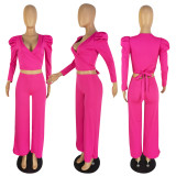 Women's Autumn and Winter Fashion Solid Color Puff Sleeve Front Hollow Tie Two-piece Set
